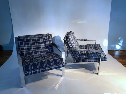 Pair Cy Mann Model 232 Lounge Chairs in Chrome and Blue Plaid