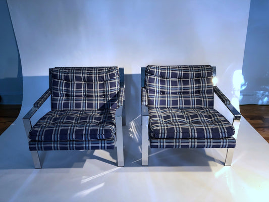 Pair Cy Mann Model 232 Lounge Chairs in Chrome and Blue Plaid